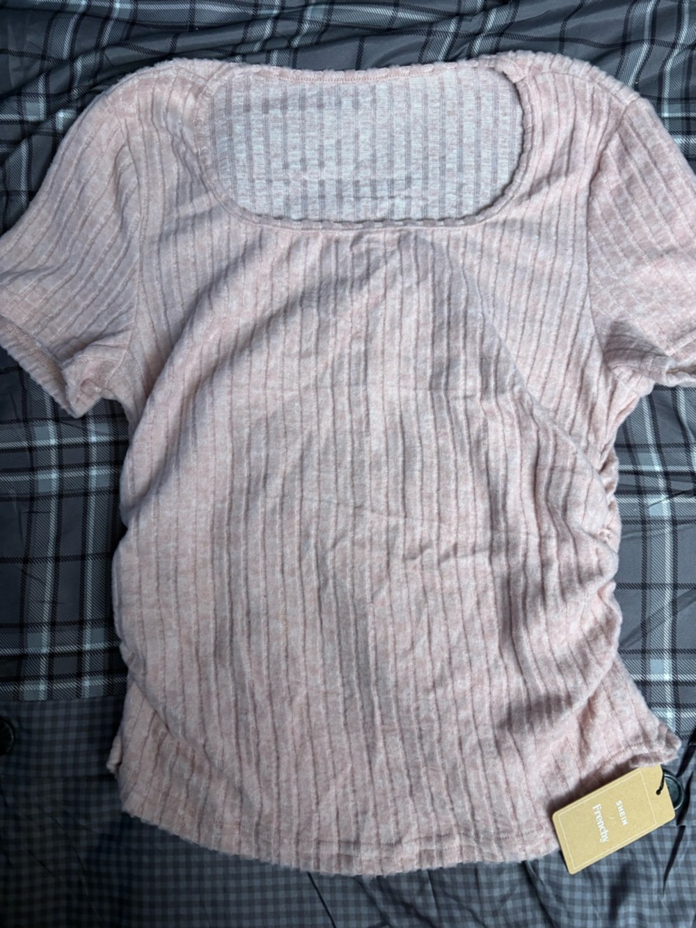 SHEIN Light Pink Ribbed Square Neck Short Sleeve Top